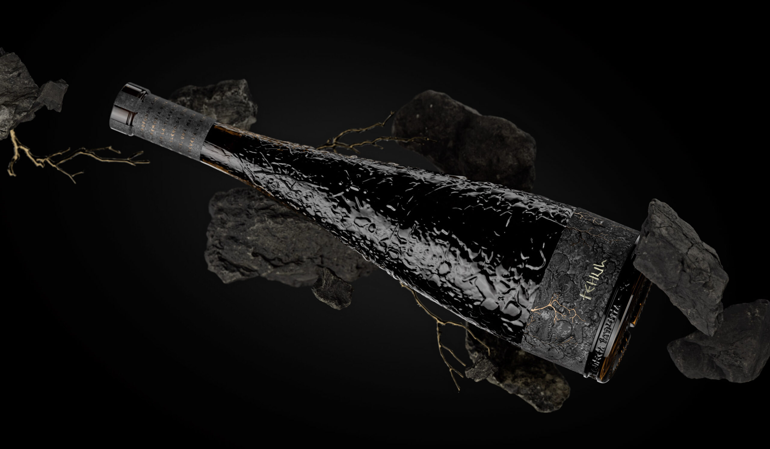 Bottle design for Tehul wine by Nano Alfonsin Studio. Textured black surface, volcanic rock background, premium packaging.