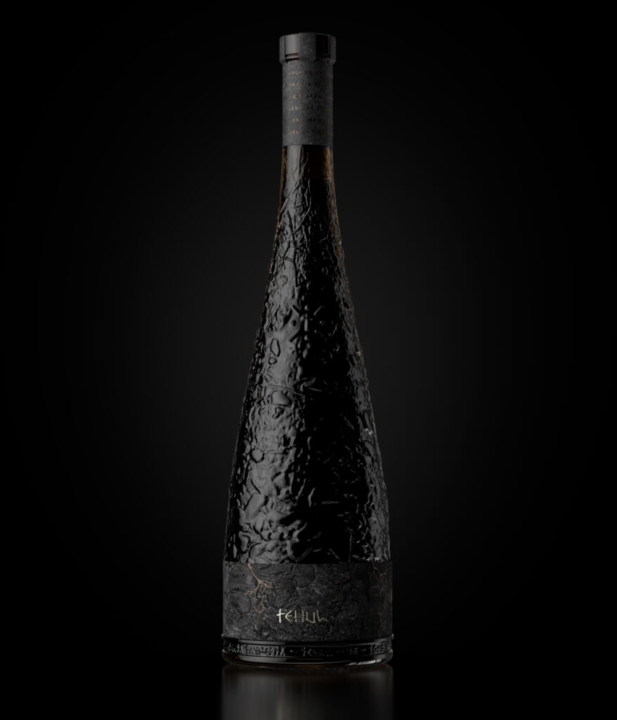 Bottle design for Tehul wine by Nano Alfonsin Studio. Textured black surface, volcanic rock background, premium packaging.