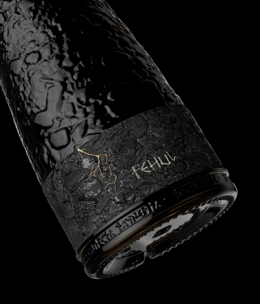 Bottle design for Tehul wine by Nano Alfonsin Studio. Textured black surface, volcanic rock background, premium packaging.