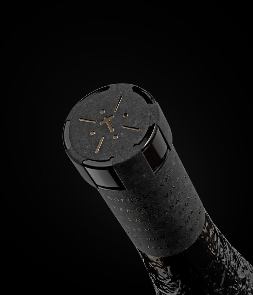 Bottle design for Tehul wine by Nano Alfonsin Studio. Textured black surface, volcanic rock background, premium packaging.