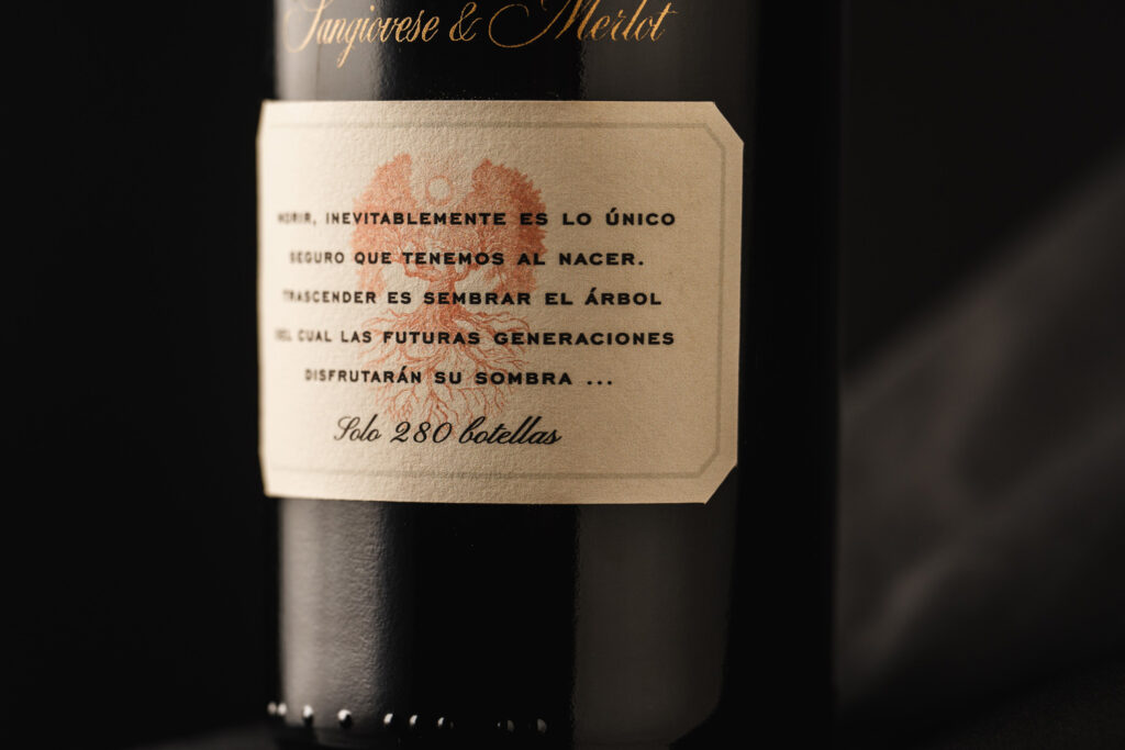 Trati wine bottle and label design by Nano Alfonsin Studio. Limited-edition red wine, Sangiovese & Merlot blend, with gold typography and artisanal details.