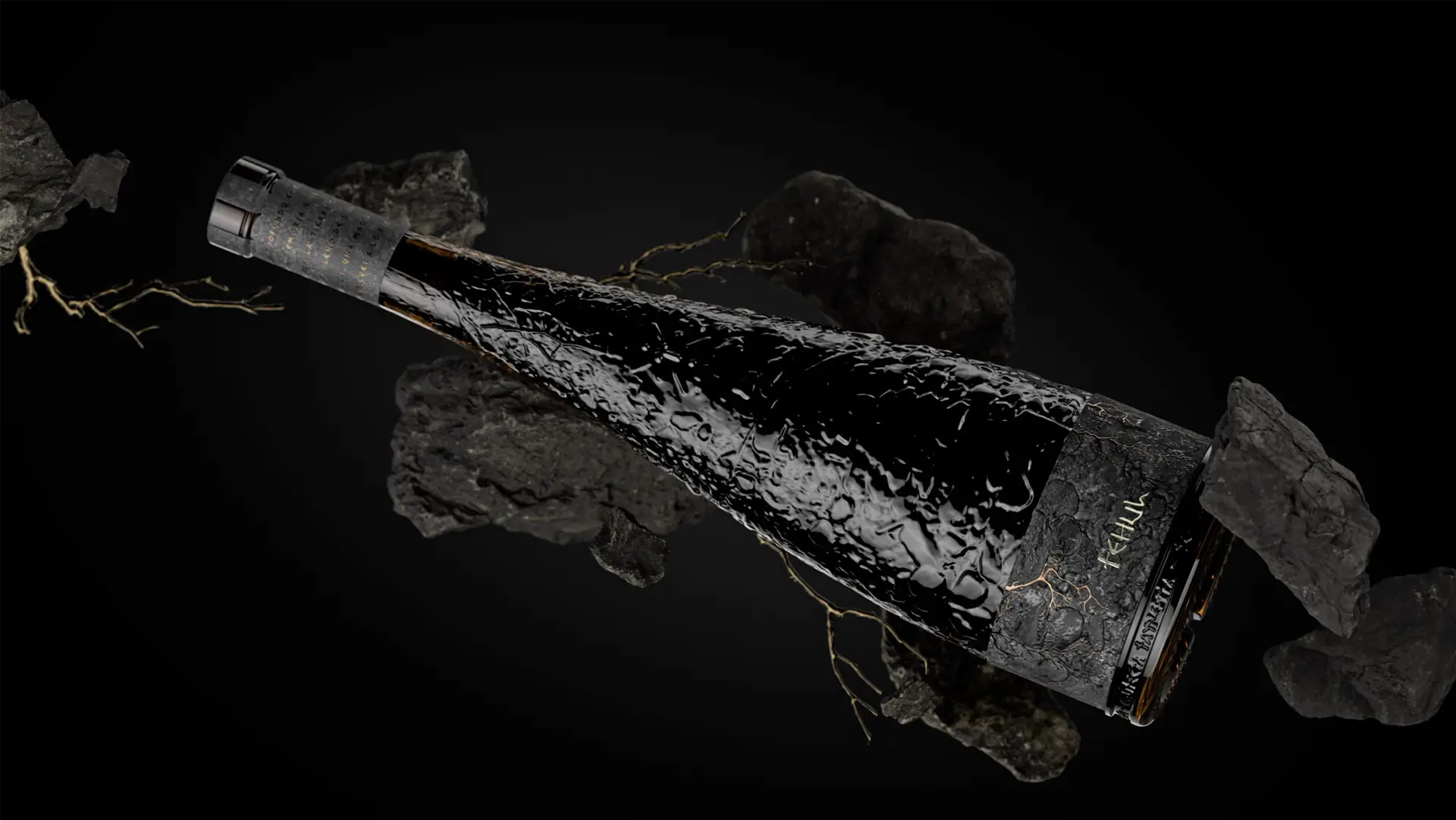 Bottle design for Tehul wine by Nano Alfonsin Studio. Textured black surface, volcanic rock background, premium packaging.